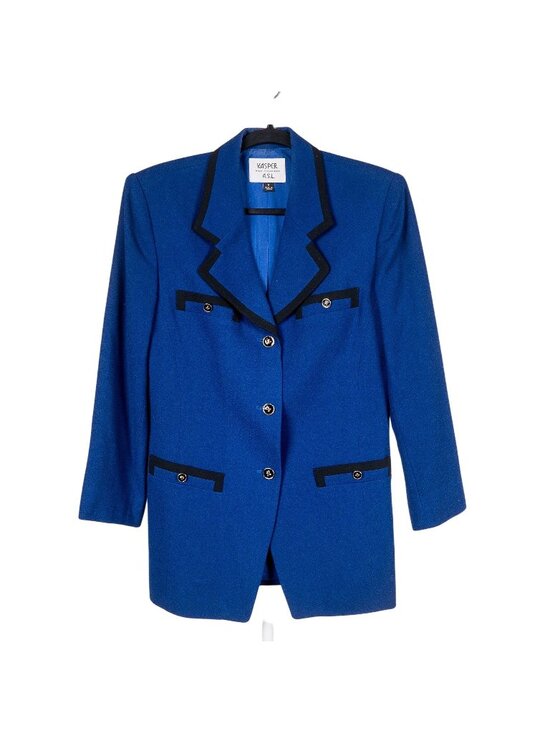 Kasper Jackets & Blazers - Kasper VTG Wool Jacket 6 Womens Blue Black Piping Button Colorblock 1980s